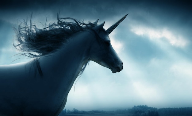 Art night and unicorn in nature with freedom strength and beauty magic and dreamy on sky background Mythical creature and fantasy animal in a forest for evening run creative and ethereal