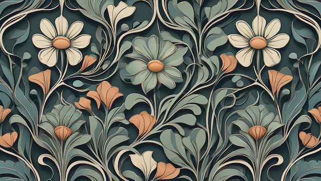 Art Nouveau design pattern with flowers leaves and vines