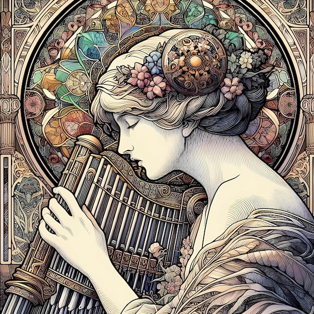 Foto un'illustrazione di art nouveau di una donna con un flauto pan in mezzo all'eleganza del vetro colorato