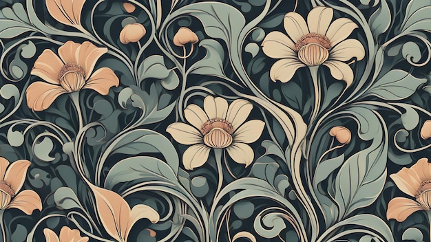 Art Nouveau-ontwerppatroon met bloemen, bladeren en wijnstokken