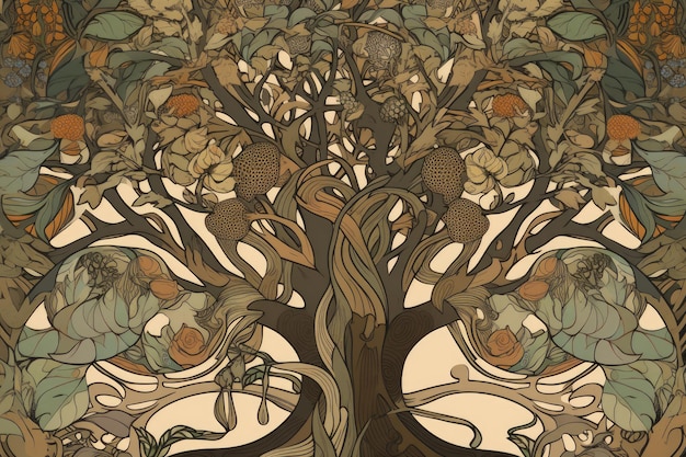 写真 温かみのあるアースカラーと流れるようなラインを備えたアールヌーボー様式の生命の木のパターン