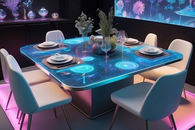 写真 インタラクティブな要素とダイナミックなテーブル設定のモックアップを備えたホログラフィックなダイニングテーブル上のアート