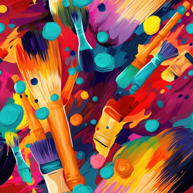 Art paintbrushes vibrant hues creative expressions seamless pattern