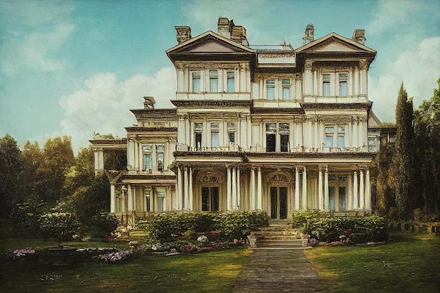 Art painting of an Edwardian mansion exterior