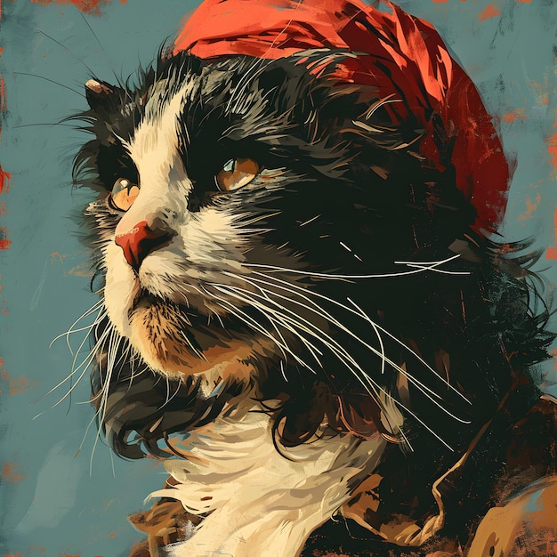 Photo art painting oil color portrait of a cat dress up look like guevara