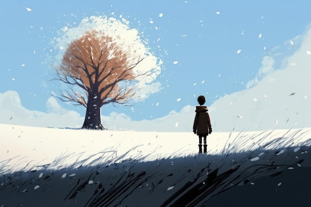 L'immagine artistica di un ragazzino fa una passeggiata all'aperto sul campo con l'albero nella scena dinamica invernale generata dall'intelligenza artificiale