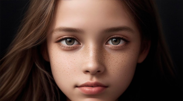 Art portrait of beautiful young girl with freckles Black backgound