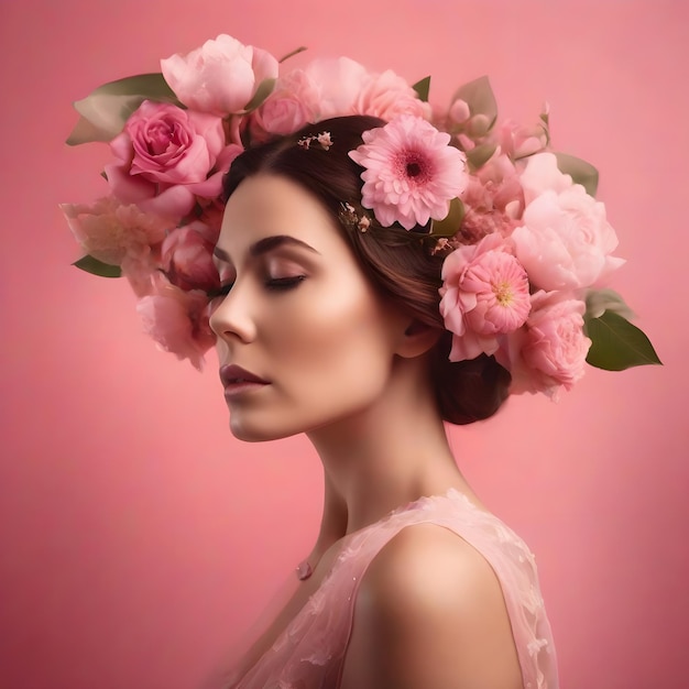 Art portrait of a brunette girl with pink flowers in her hair professional makeup pink background