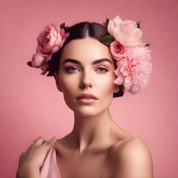 Art portrait of a brunette girl with pink flowers in her hair professional makeup pink background