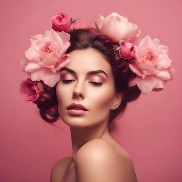 Художественный портрет брюнетки с розовыми цветами в волосах, профессиональный макияж, розовый фон