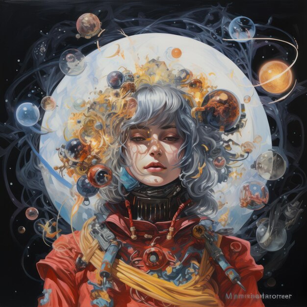 Art portrait of a girl surrounded by various spheres World Ozone Day