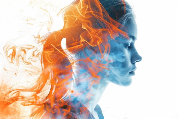 Art portrait of a woman with ice and fire elements