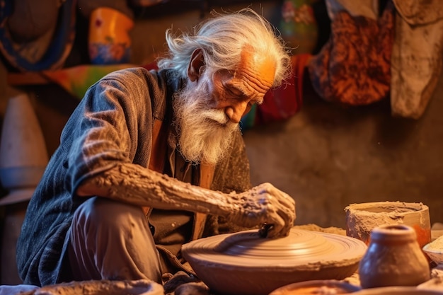 The art of pottery making old man shaping a clay pot on a pottery wheel