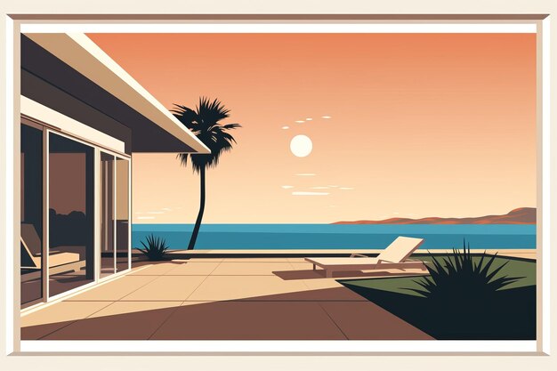 Photo an art print of a beach house with lounge chairs and a palm tree