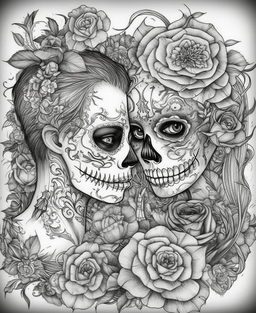 Art print of two skulls and roses.