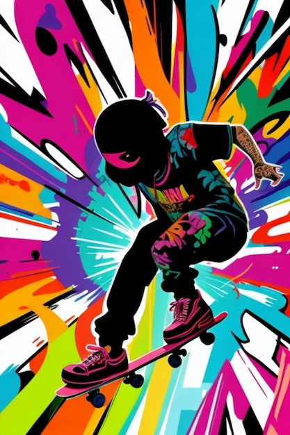 art ready for print colorful graffiti illustration of a silhouette of a skater full body action shot vibrant color high detail banksy style