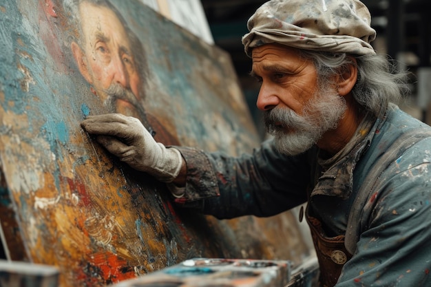 Photo art restoration workshop meticulously preserving historical paintings highlighting skill