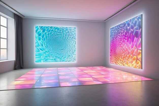 Photo art in a room with reactive led floor panels mockup with blank white empty space for placing your design