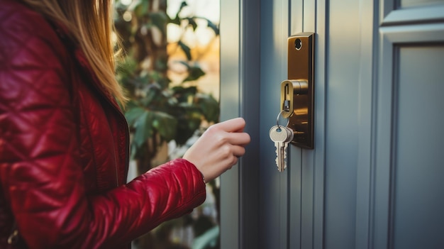 Foto l'arte della sicurezza svelare i segreti dietro una donna che chiude una porta d'ingresso con una chiave