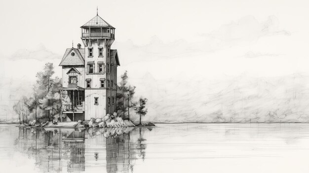 Art Sketch Of Sailor Island Lighthouse Calm Waters And Elaborate Facades