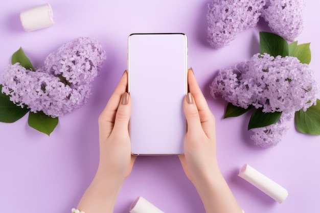 The art of smartphone photography a captivating flat lay with a striking manicure and lilac backgro