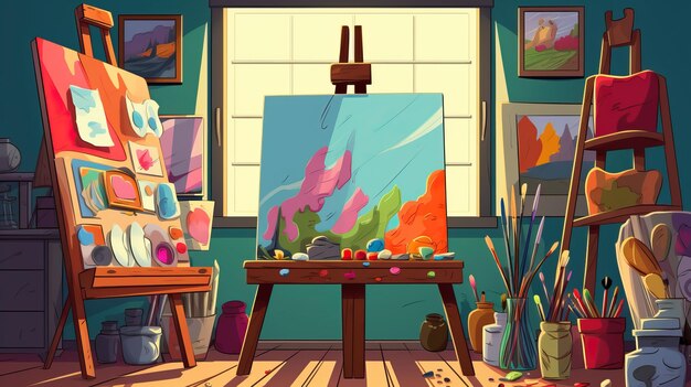 Photo art studio with easels paintbrushes and colorful art supplies cartoon illustration ai generative