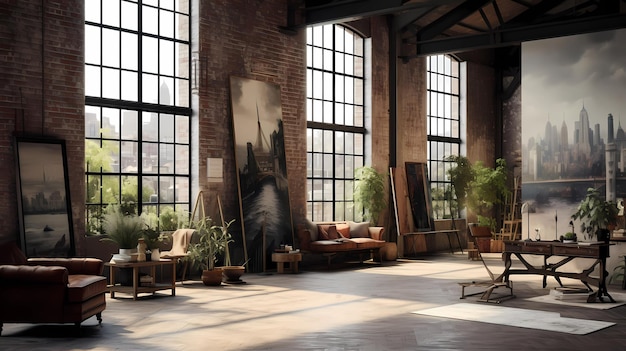 art studio with exposed brick walls and large