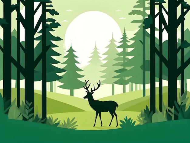 art style green forest with grazing deer in the background