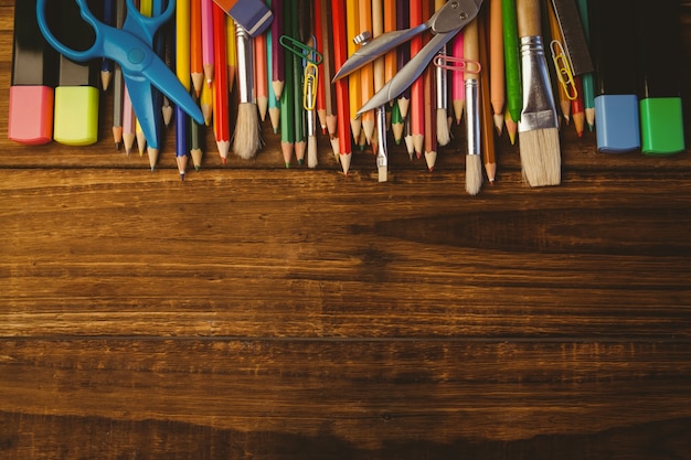 Art supplies on desk with copy space