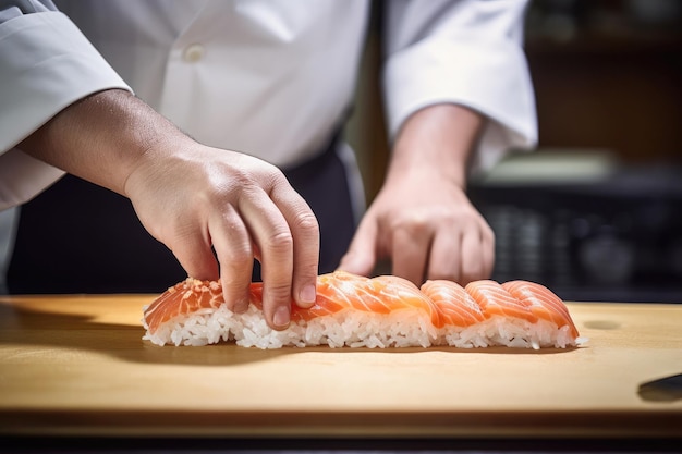 寿司作りの芸術 シェフはサーモンの美味しさを準備します