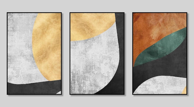 Art Triptych Composed of Bohemian Abstract Geometric Irregular Color Blocks