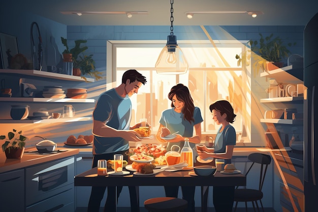 Art of Vector Family having breakfast in the kitchen Mother feeding kids Father cooking pancakes