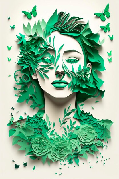 Art with paper happy woman with flowers Women's day specials Generative Ai