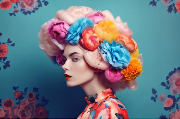 Art woman flower bouquet summer peony portrait beauty vogue spring fashion Generative AI