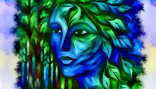 Photo art womans face amongst trees