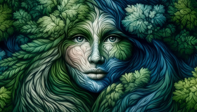 Photo art womans face amongst trees