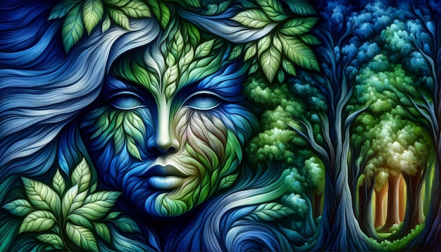 Photo art womans face amongst trees