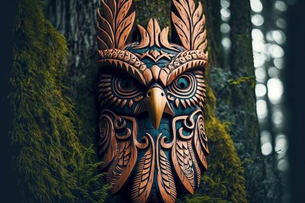 コケの背景に木工ティキ マスク フクロウの芸術