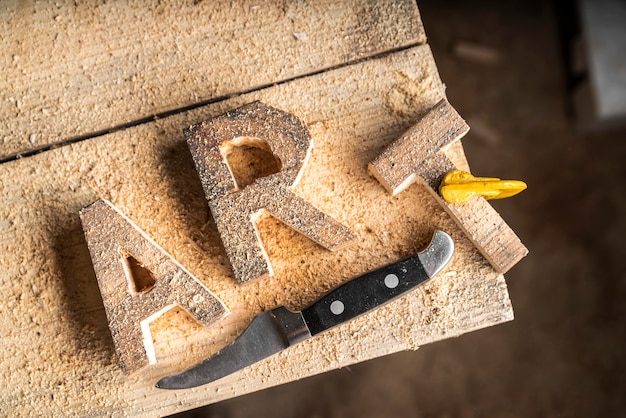 Photo art word made out of wood