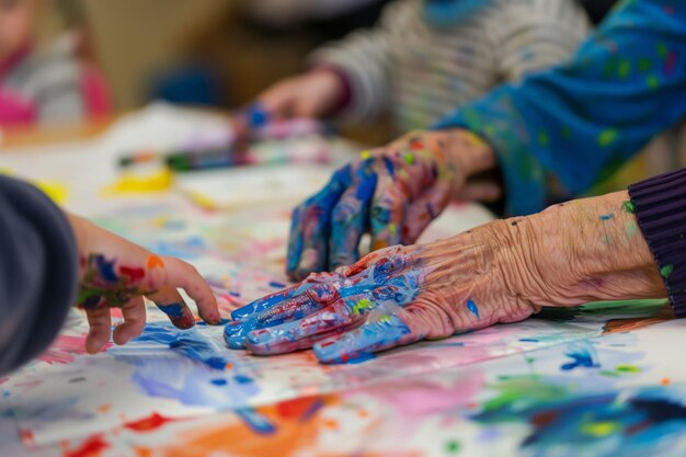 Art workshops in a bright studio space where seniors collaborate with children on creative projects