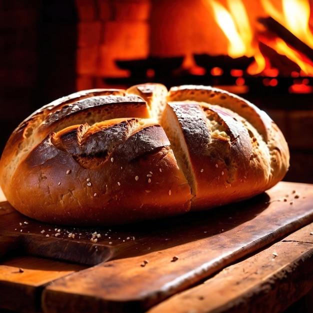 Photo artesenal resh baked bread from traditional old fashioned wood fired oven