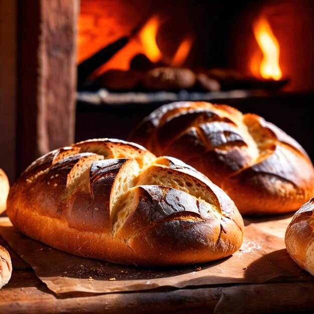 Photo artesenal resh baked bread from traditional old fashioned wood fired oven