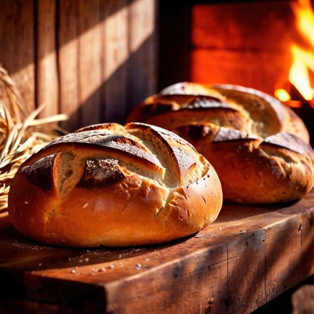 Photo artesenal resh baked bread from traditional old fashioned wood fired oven