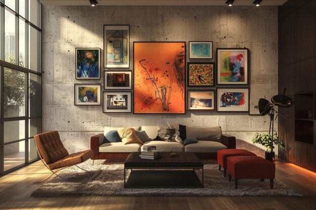 Artfilled gallery wall in a modern living room oct