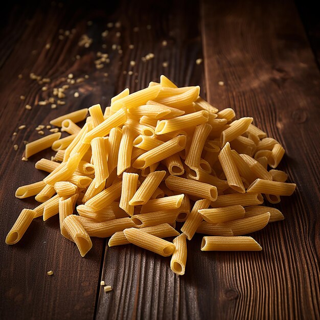 Artful arrangement raw penne on dark wooden background