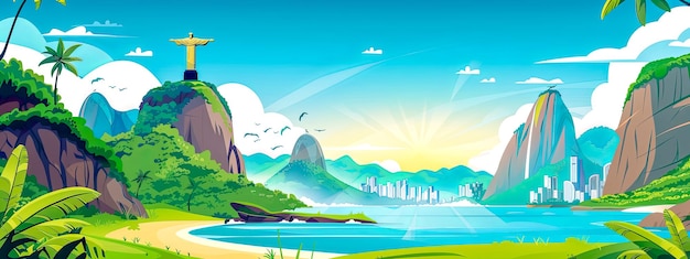 An artful cartoon of a tropical landscape with a cross on a mountain top south america brazil