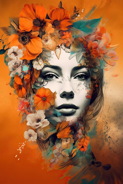 Artful fantasy orange collage face of young girl with flowers and masquerade costume