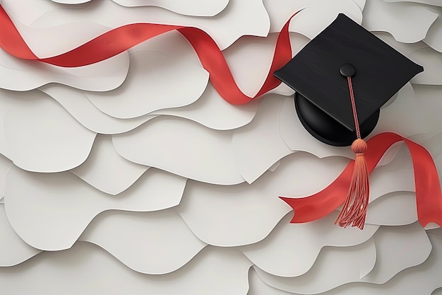 Foto artistico berretto di laurea con nastro di carmine su sfondo bianco