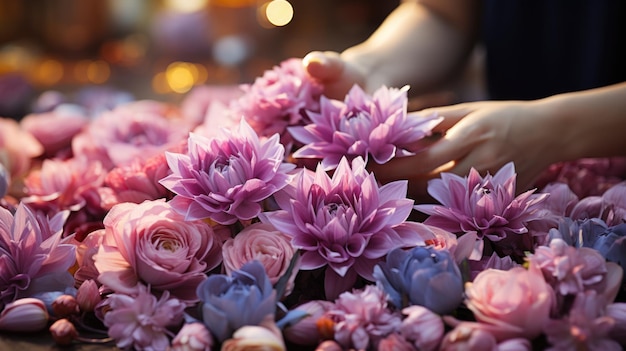 Foto mani astute che arrangiano un bouquet di fiori rosa