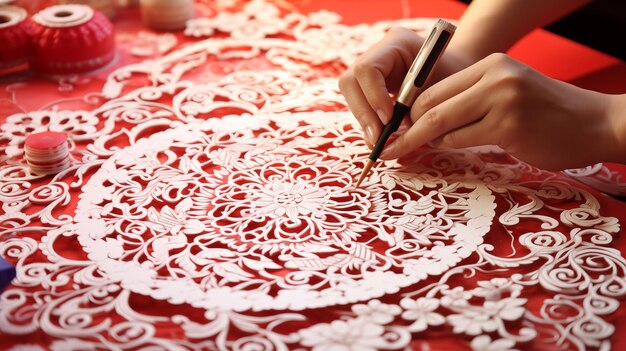 Photo artful mastery shines in carved auspicious paper a delicate cultural craft symbolizing fortune and